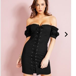 Off Shoulder Dress w Lace Up and Puff Sleeves Sm